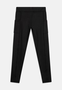 Leggings noirs avec une texture lisse, dotés de deux poches latérales, d'une coupe ajustée et de coutures cousues pour un design élégant.