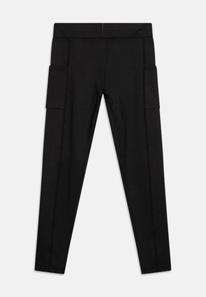 Juodos leggingos su lygiu paviršiumi, turinčios dvi šonines kišenes, siaurėjantį siluetą ir siuvinėtas siūles, užtikrinančias elegantišką dizainą.