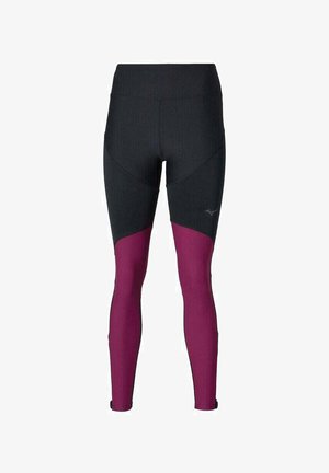 Black and wine-colored leggings with a fitted design, featuring a wide waistband and textured fabric with color-blocked panels.