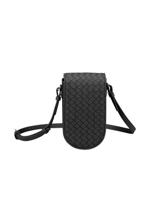 Black woven leather crossbody bag with a rounded bottom, adjustable strap, and a smooth texture, featuring an elegant clasp closure.