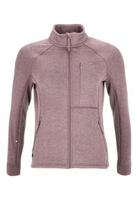 Veste polaire mauve texturée à manches longues avec fermeture éclair intégrale à l'avant, col montant, deux poches latérales et une poche poitrine zippée.