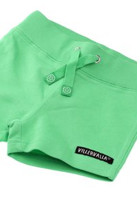 Pantaloni corti verdi in cotone con vita a costine, cordoncino e occhielli. Presentano un'etichetta nera con "VILLERVALLA" sull'orlo.