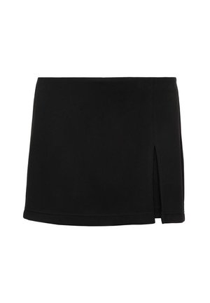 Czarna mini spódniczka z małym przednim rozcięciem po prawej stronie, wykonana z gładkiej tkaniny, z prostym dołem.