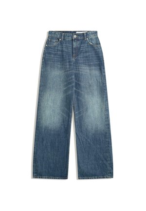 Vidje byxor i denim med breda ben i medelblå tvätt, med hög midja, fem fickor och klassiska nitar, samt en slät, något urblekt yta.