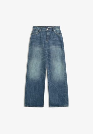 Wide-leg denim jeans in medium blue wash, featuring a high waist, five pockets, and classic rivet details, with a smooth, slightly faded texture.