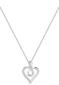 Silbernes herzförmiges Anhänger-Neklace mit einem wirbelartigen Design, teilweise besetzt mit kleinen Diamanten, an einer feinen Kette.