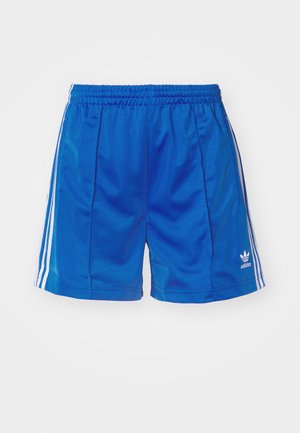 Blauwe sportshorts van gladde stof, met een elastische tailleband, witte zijstrepen en een klein logo aan de ondervoorkant.