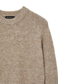 Beige gestrickter Pullover mit Rundhalsausschnitt. Weiche Textur, mit einem dezenten gesprenkelten Muster. Markenlabel im Kragen sichtbar.