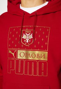 Felpa rossa con design stampato in oro, caratterizzata da un emblema a forma di scudo e testo "Србија" e "ОРЛОВИ PUMA." Cappuccio con tiranti, tasca frontale.