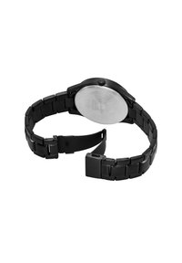 Schwarze Metallarmbanduhr mit einem eleganten Band, rundem Gehäuse und gebürstetem Edelstahlboden. Verfügt über einen Schnappverschluss und eine glatte Oberfläche.
