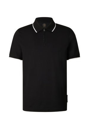 Zwart poloshirt met korte mouwen, witte bies aan de kraag en mouwen, een korte rits aan de voorkant en een klein logo bij de hals.