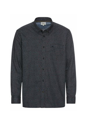 Skjorte med knap-front i mørkeblåt stof med et geometrisk mønster i rød og hvid. Har krave, lange ærmer og brystlomme.