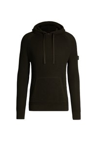 Donkergroene gebreide hoodie met een gestructureerd oppervlak, een capuchon met trekkoord, een zak aan de voorkant en geribde manchetten. Bevat een subtiele merkaccent op de mouw.