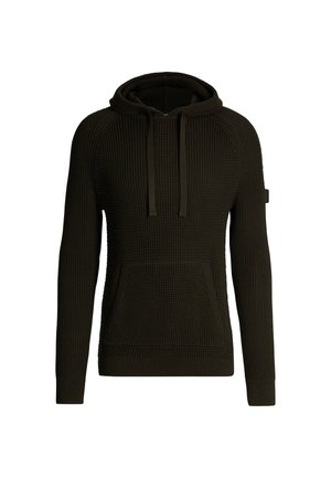 Felpa con cappuccio lavorata a maglia verde scuro, con una superficie texturizzata, cappuccio regolabile con lacci, tasca frontale e polsini a coste. Presenta un discreto accento del marchio sulla manica.