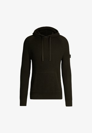 Dunkelgrüner gestrickter Hoodie mit strukturierten Oberflächen, Kordelzugkapuze, frontaler Tasche und gerippten Ärmeln. Mit einem dezenten Markenakzent auf dem Ärmel.