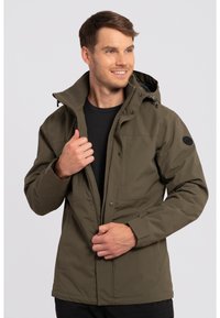 Olive green hooded jacket made of water-resistant fabric, featuring a front zipper, chest pocket, and adjustable cuffs.