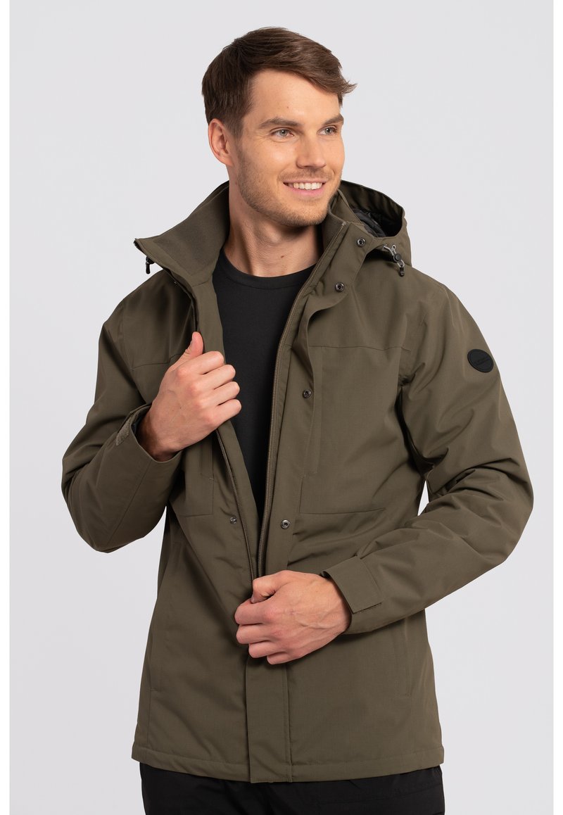 Olive green hooded jacket made of water-resistant fabric, featuring a front zipper, chest pocket, and adjustable cuffs.