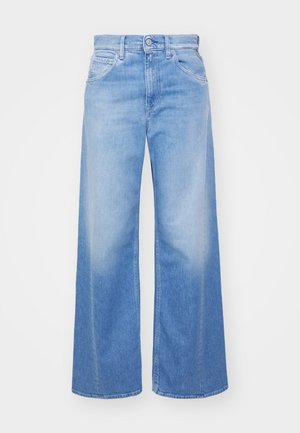 Široké modré džíny z denimu s omšelým vzhledem. Obsahují pět kapes, zapínání na knoflík a poutka na pásek. Materiál je měkký a odolný.