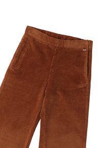 Bruine corduroy broek met een ribbelstructuur, voorzien van zijzakken en een kleine metallic accent nabij de tailleband.