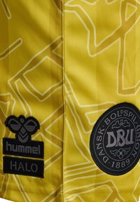 Gul sportströja med geometriska vita mönster. Inkluderar svarta broderade logotyper för "hummel" och "DBU." Tyget är texturerat och ventilerande.