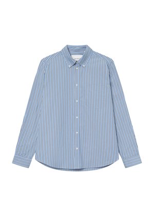 Modrá pruhovaná košile s dlouhým rukávem vyrobená z lehkého materiálu. Obsahuje límeček s knoflíky a náprsní kapsu. Měkka textura, standardní střih.