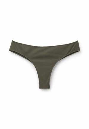Parte inferior de bikini de talle bajo para mujer en verde oliva oscuro, con corte estrecho y bordes sin costuras sobre un fondo blanco.