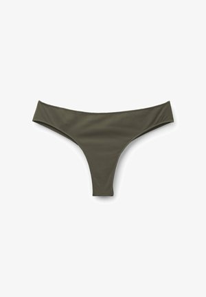 Dunkelolivgrüner Bikini-Slip für Damen mit niedrigem Bund, schmalem Schnitt und nahtlosen Kanten auf weißem Hintergrund.