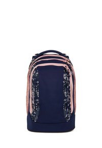 Navy blue backpack with pink zippers, floral side panels, multiple compartments, and a top carry handle.