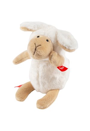 Soft plush lamb toy with white fluffy body, beige face and limbs, black stitched eyes and nose, and red fabric tags on ear and leg.