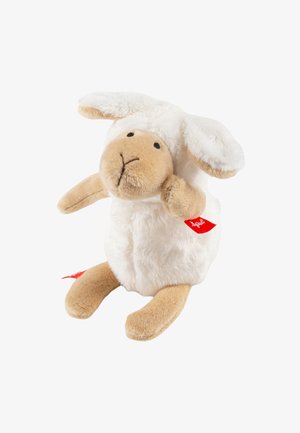 Soft plush lamb toy with white fluffy body, beige face and limbs, black stitched eyes and nose, and red fabric tags on ear and leg.