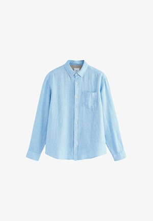 Light blue button-up shirt with long sleeves, chest pocket, and a textured fabric finish. Features a collared neckline and white buttons.
