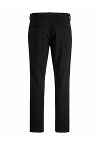Pantalon noir sur mesure avec passants pour ceinture et deux poches passepoilées à l'arrière, présenté de dos sur un fond blanc.