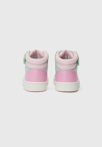Casual high-top sneakers featuring light blue, pink, and green synthetic materials, textured fabric lining, and white rubber soles.