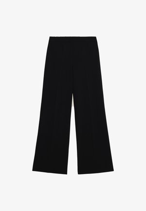 Schwarze Weitbein-Hosen aus einem glatten Stoff, ausgestattet mit Falten und einem elastischen Bund für Komfort und Flexibilität.