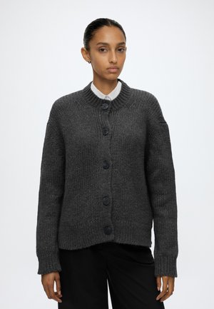 Vrouw met donker haar in een grijs gebreid vest met knopen over een wit overhemd, staand tegen een effen lichte achtergrond.