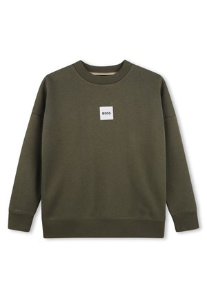 Sweat-shirt col rond vert olive à manches longues avec un petit logo carré blanc affichant "BOSS" au centre de la poitrine.