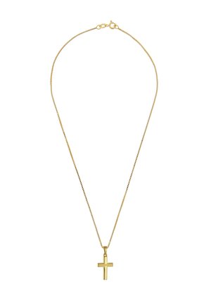 Gold chain necklace featuring a polished, flat cross pendant. Chain is thin and delicate, with a standard clasp closure.