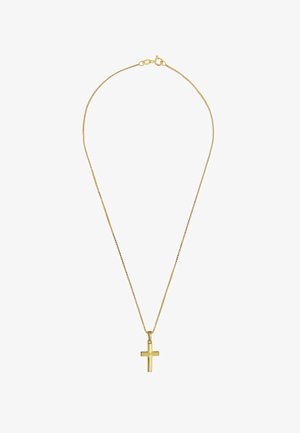 Gold chain necklace featuring a polished, flat cross pendant. Chain is thin and delicate, with a standard clasp closure.