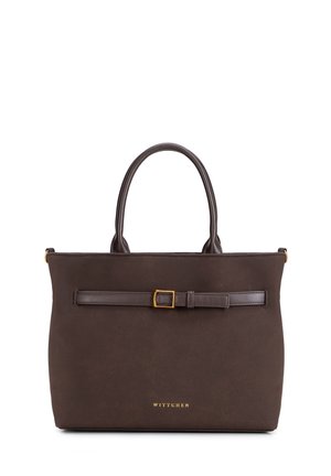 Donkerbruine leren handtas met twee afgeronde handvatten, een decoratieve riem met gouden gesp en een gouden "WITTCHEN"-logo aan de voorkant.