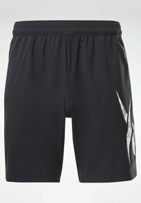 Pantalones cortos deportivos negros con una cinturilla elástica y un gráfico abstracto blanco en la pierna derecha.