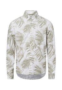 Camicia a maniche lunghe con tessuto bianco e motivo a foglie di palma verdi, chiusura a bottoni e orlo ondulato. Materiale traspirante.