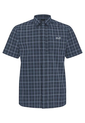 Chemise à manches courtes bleu marine avec un motif à carreaux bleu clair et un petit logo blanc "Jack Wolfskin" sur le côté gauche de la poitrine.