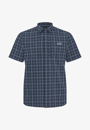 Chemise à manches courtes bleu marine avec un motif à carreaux bleu clair et un petit logo blanc "Jack Wolfskin" sur le côté gauche de la poitrine.