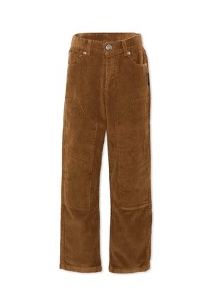 Pantalones de pana marrón con bolsillos frontales de parche, cierre de botón y cremallera, y trabillas para cinturón, mostrados extendidos sobre fondo blanco.
