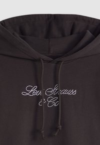 Sudadera con capucha de color marrón oscuro, fabricada en una tela suave, que presenta un logo de lentejuelas en colores claros. Cuerdas con un acabado anudado en el escote.