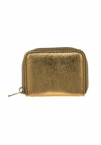 Portefeuille compact zippé en cuir métallisé doré avec le logo "Patrizia Pepe" et un petit emblème d'insecte sur le devant.