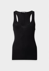 Débardeur noir pour femme sans manches avec encolure dégagée et dos nageur, présenté sur un fond clair uni.