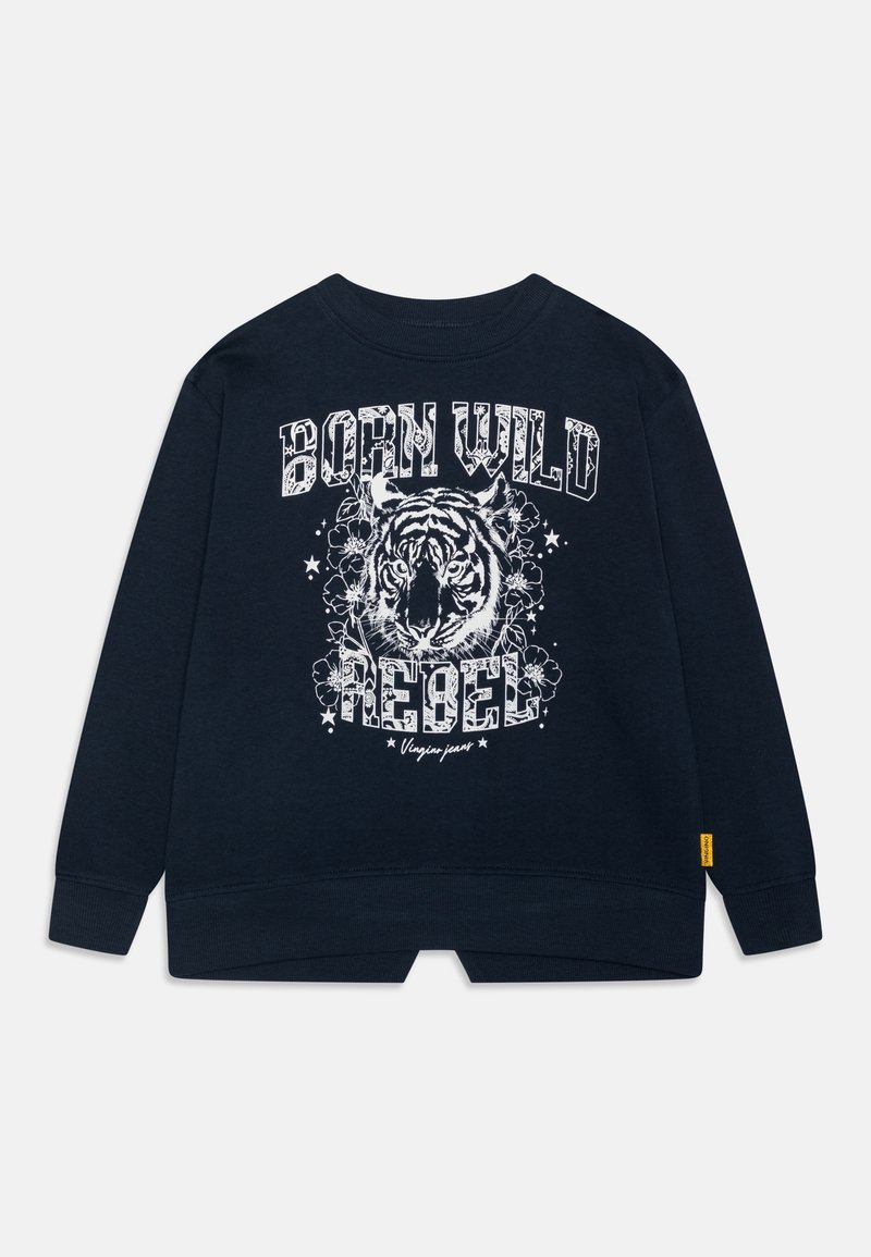 Sweatshirt marine à manches longues, avec un motif de tigre et des accents floraux. Texte "BORN WILD REBEL" en blanc. Tissu doux et texturé.