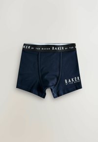 Mornarsko plave bokserice od glatke tkanine, s crnim pojasom na kojem je bijeli logotip i kontrastnim šavovima.