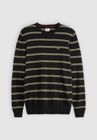 Maglione nero a maniche lunghe con collo rotondo, caratterizzato da sottili righe orizzontali beige e un piccolo logo Levi's sul lato sinistro del petto.